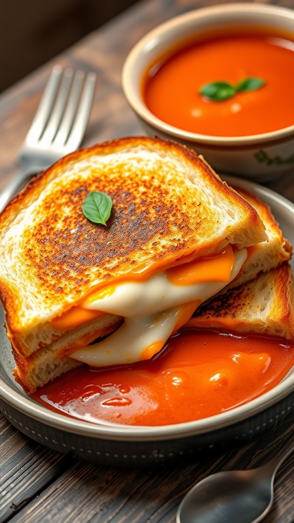 A grilled cheese sandwich with melted cheese and tomato soup garnished with basil on a rustic table.